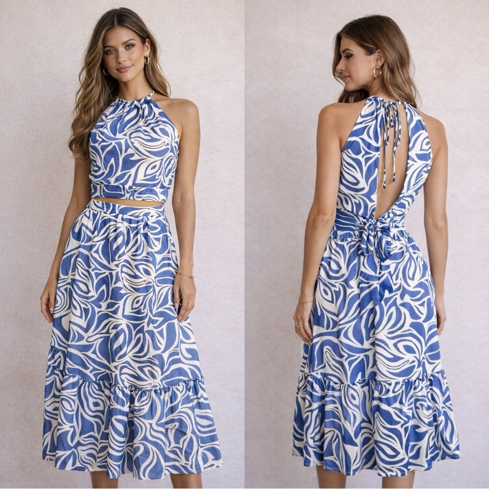 1 State NWT 2pc Open Back Halter Top & Maxi Skirt Blue Tropical Set Size Large L